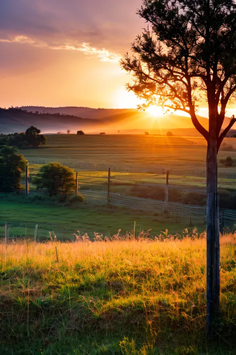 rural landscape, fence, grass, tree, sunset, lake, dirt road, hyper lighting, best lighting, HD, masterpiece, high quality, highres, best quality, artwork, anime style, hyper quality, tree detailed