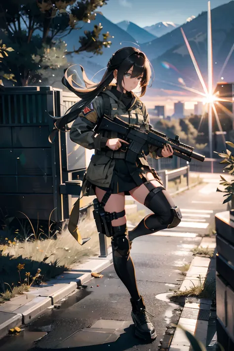 {{Masterpiece, top quality, highly detailed CG, unified 8k wallpaper, movie lighting, lens flare}}, girl shooting rifle, wide view, full body, thick body, long blond hair, green eyes, (holding a weapon, holding a rifle, aiming, aiming: 1.4), gun, h&k hk416...