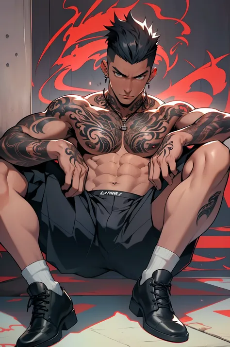 Highest image quality，male people，1 boy，Young and handsome，shoun，Short flat top hair，Dark  skin，anime，anime wallpaper，Solo，malefocus，Briefs，Dilation of the pectoral muscles，Bulging crotch，Urban background，spread their legs，Sexy,(Masterpiece, Best quality),...