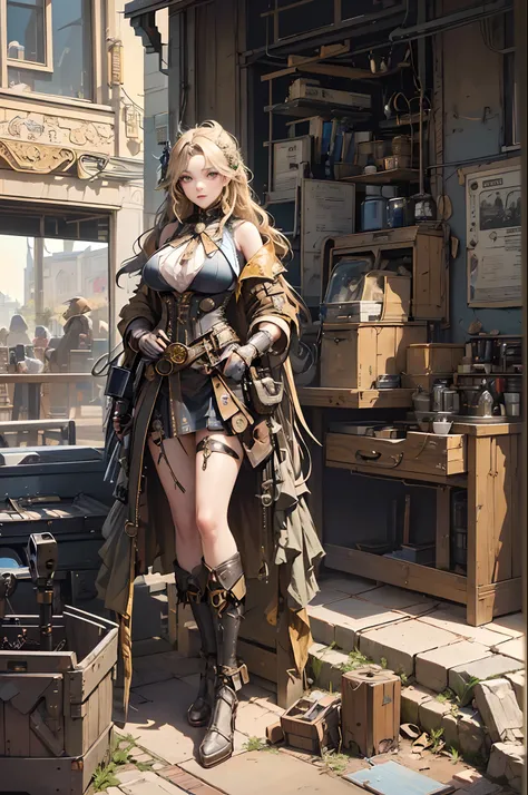 a beautiful young steam punk girl,long curly blond hair, huge boobs, thin waist , steam punk outfit, it is early evening,the sky is dark blue, purple, the sun has aet, lamps are lit, a beautiful victorian steam punk workshop with lots of huge windows, out ...