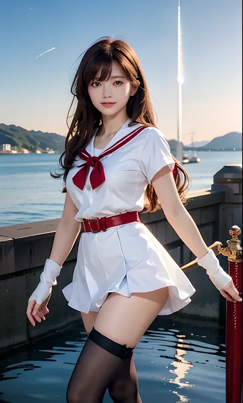 A rei Nano that matches the original painting of Sailor Moon, Mari Mars Hono, full body, Japanese sailor suit, white V-neck top, high-waisted red short skirt, skirt covering ass, flesh-colored oily stockings to waist, white combat gloves, warrior attire, s...