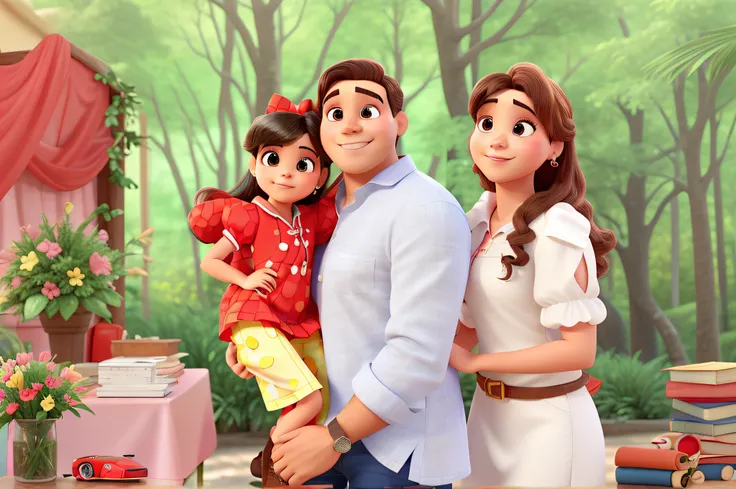 Um menina de 3 anos de vestido vermelho um homem e uma mulher estilo disney pixar, alta qualidade, melhor qualidade