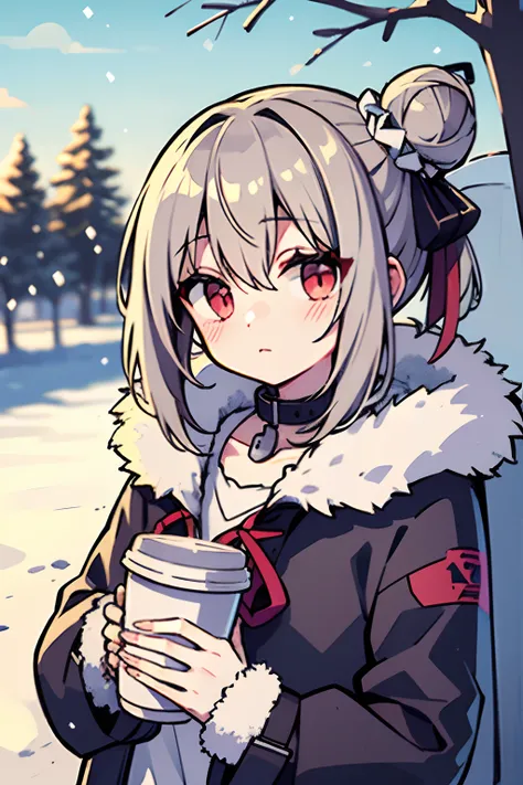 (masterpiece), (best quality), (highly detailed), 1girl, solo, red eyes, holding, disposable cup, looking at viewer, holding cup, outdoors, snow, long sleeves, bangs, cup, coffee cup, tree, closed mouth, bare tree, fur trim, hair between eyes, ribbon, open...