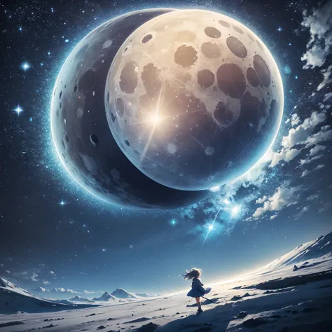 ​masterpiece,Top image quality,hight resolution,imagem 4k,Fantastic worldview,kosmos,Lunar surface,a moon,独奏,Little Girl,