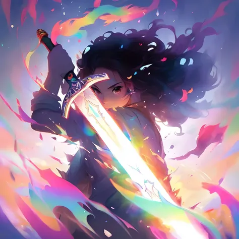 a woman holding a sword in her hand with a rainbow light coming out of it, jen bartel, rossdraws cartoon vibrant, rossdraws pastel vibrant, wielding a magical sword, holding a lightsabre. splash art, artgerm and atey ghailan, colorful concept art, by Ryan ...