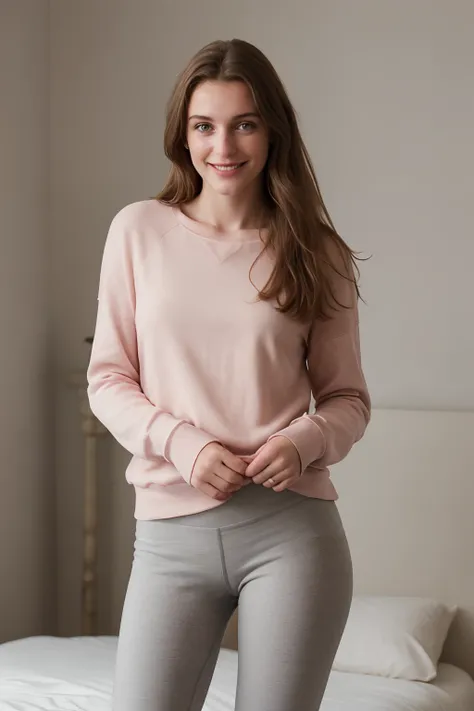 Photo d’une belle sicilienne au cheveux brun foncés portant une chemise décontractée avec un sweat à capuche et un legging rose, Rue de la ville, cheveux moyens en désordre, corps mince, Vue de dos, Tir moyen du haut du corps, regardant la caméra, Sourire ...