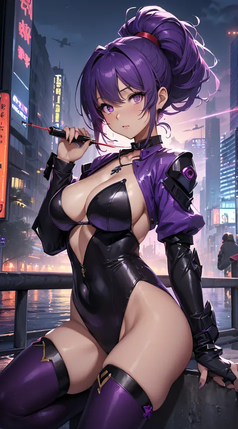 top-quality、Top image quality、​masterpiece、girl with((18year old、Best Bust、big bast,Beautiful purple eyes、Breasts wide open, Purple ponytail、A slender、Large valleys、Purple Open Chest Rider Suit,Red high heels、Reflecting the whole body、Purple Necklace、Red f...