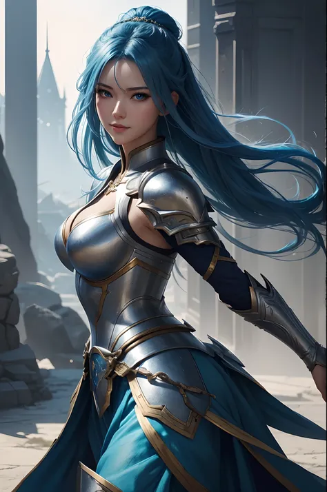 8K,Close-up of a woman in a blue and white dress、blue hairs, Super beauty,(Like the real thing)Blue eyes,Hold your sword,Chengwei Pan on Artstation、 Yang J 作、 Detailed fantasy art、Stunning character art、 Fan Art Best Art Station、 Magnificent exquisite char...