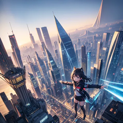 ​masterpiece,Top image quality,hight resolution,imagem 4k,Fantastic worldview,A city scape,near future,Cyberworld,独奏,Little girl,hiar,mirai