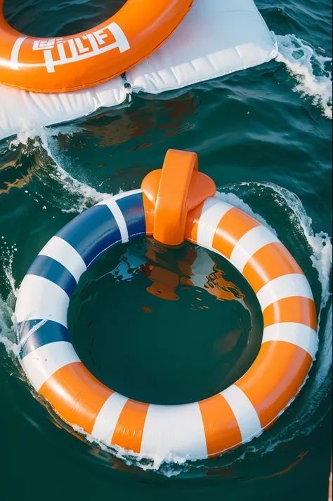 Ring lifebuoy at sea，3Drenderingof，Product style，Masterpiece realism，SENSE OF CINEMA，Inflatable lifebuoys at sea，3D modeling，There are no characters，Pure product sea lifebuoy，Orange striped ring-shaped lifebuoy