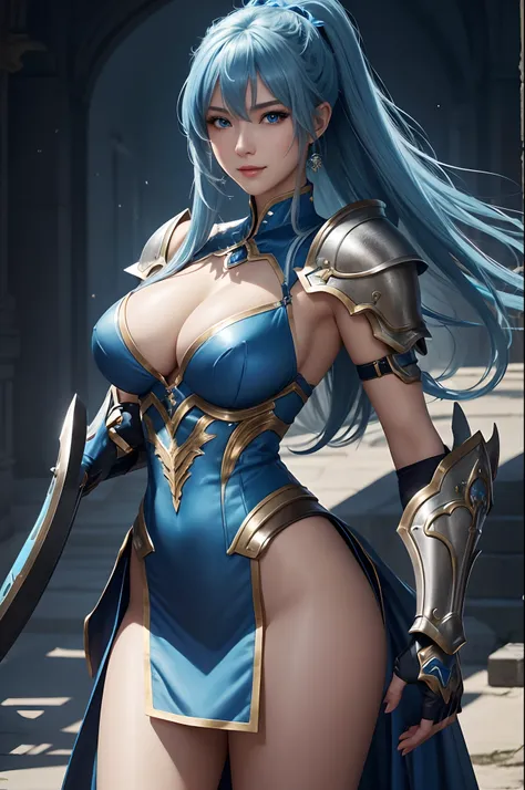 8K,Close-up of a woman in a blue and white dress、Beautiful breasts,blue hairs, Super beauty,(Like the real thing)Blue eyes,poneyTail,Chengwei Pan on Artstation、 Yang J 作、 Detailed fantasy art、Stunning character art、 Fan Art Best Art Station、 Magnificent ex...