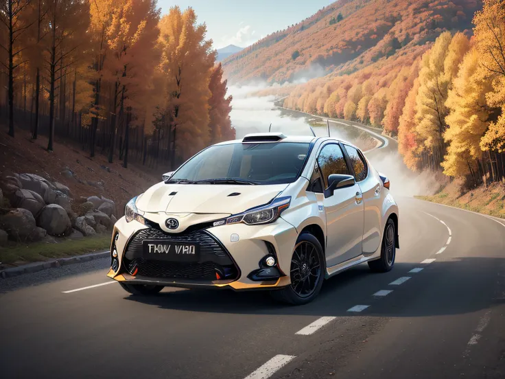 超A high resolution、An ultra-high picture quality、8K、Detailed details、marvelous expression、Late autumn valley、Beautiful autumn leaves、A blue car driving on a forest road built along the mountain with sand smoke、((Toyota GR Yaris Rally Hybrid 2022))