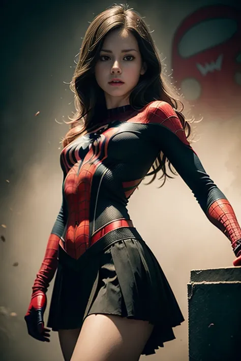 Melissa Benoist、Sticking out the navel、newyork、She wears a torn Spider-Man suit,wearing skirt、 Red and black color scheme,Dynamic、​masterpiece、top-quality、ultra-detailliert、ighly detailed、beautiful detailed brilliance、超A high resolution