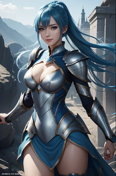 8K,Close-up of a woman in a blue and white dress、blue hairs, Super beauty,(Like the real thing)Laugh wildly,Blue eyes,poneyTail,Chengwei Pan on Artstation、 Yang J 作、 Detailed fantasy art、Stunning character art、 Fan Art Best Art Station、 Magnificent exquisi...