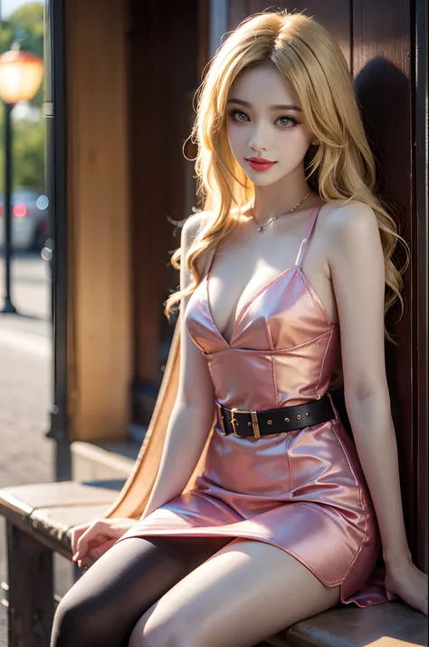 ((cowboy shot)), Shot from a random perspective, 22-year-old Asian model, slim, Slimming the waist, curlies, Pink princess dress, cropped shoulders, high-waist, Nice belt, golden hair, warm lights, Warm tones Slender legs, Cross ed leg, In the park, Sit Po...