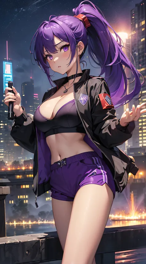 top-quality、Top image quality、​masterpiece、girl with((18year old、Best Bust、big bast,Beautiful purple eyes、Breasts wide open, Purple ponytail、A slender、Large valleys、Purple Sports Bra、Black jacket,Purple shorts,Red high heels、Reflecting the whole body、Purpl...