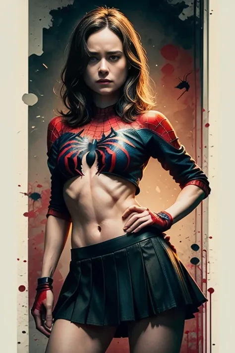 Brie Larson、Sticking out the navel、newyork、She wears a torn Spider-Man suit,wearing skirt、 Red and black color scheme,Dynamic、​masterpiece、top-quality、ultra-detailliert、ighly detailed、beautiful detailed brilliance、超A high resolution