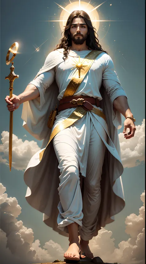 "Create an image prompt depicting Jesus levitating amidst the clouds, cercado por uma aura de poder. He is adorned with radiant white clothes, And your feet shine with shining gold. Seu rosto irradia a luz do sol, e seus olhos brilham como os raios do sol....