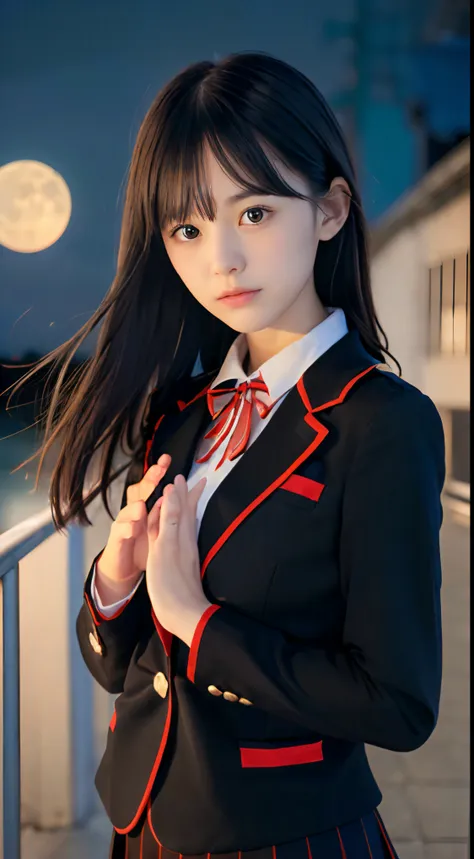 (Close-up face shot of a girl with slender small breasts and two side-up hair in black blazer uniform with a black skirt with red-trimmed collar:1.5)、(Cute girl turn around with a sad face on the night of the full moon:1.5)、(Uniform with a black blazer and...