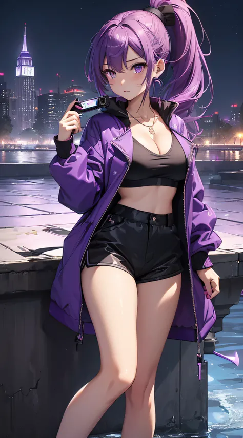 top-quality、Top image quality、​masterpiece、girl with((18year old、Best Bust、big bast,Beautiful purple eyes、Breasts wide open, Purple ponytail、A slender、Large valleys、Purple Sports Bra、Black jacket,Purple shorts,Red high heels、Reflecting the whole body、Purpl...