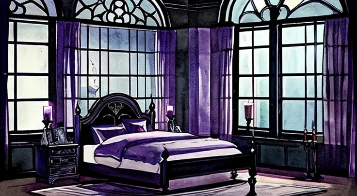 (best quality:1.3), (masterpiece:1.3), indoor, watercolor, illustration, starry sky, night, gothic style, theme colors in purple and black, candlestick, candles, bed, wide-angle view, midnight, spacious room, crescent moon, bats, gothic lolita, starry sky ...