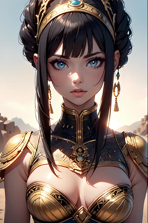 A photograph of Cleopatra with natural skin, short and voluminous black hair, sharp eyes with blue eyeshadow, a thin and upturned nose, shapely lips, an hourglass body shape, typical clothes, and makeup, intricately maximalist-detailed, vibrant, epic, smoo...