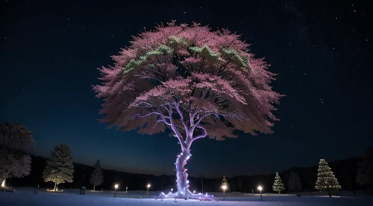 arvore natalina, enfeitada com luzes coloridas e efeitos espaciais futuristas