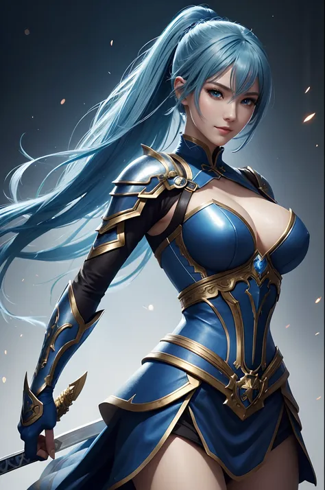 8K,Close-up of a woman in a blue and white dress、Draw your sword,blue hairs, Super beauty,(Like the real thing)Blue eyes,poneyTail,Chengwei Pan on Artstation、 Yang J 作、 Detailed fantasy art、Stunning character art、 Fan Art Best Art Station、 Magnificent exqu...