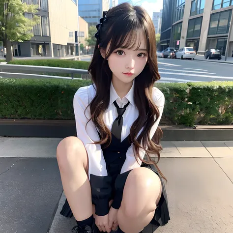 hight resolution,masutepiece,Best Quality,Extremely detailed, hyper realisitic, girl with, sitting, Put your hands on your knees, hair wavy, in town, Black pleats skirt, black shoes, neck tie, open ones legs, Very beautiful,cute, 8K Wallpaper, Fine detail,...