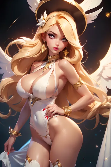 ((full body)) ((sexy tall supermodel)) ((beautiful face)) (red lipstick) ((big bright eyes)) ((very long blonde messy with long bangs covering one eye)) ((pale skin)) ((very huge breast:1.4)) (perfect body:1.3) ((wears fantasy white sequin tiny string thon...