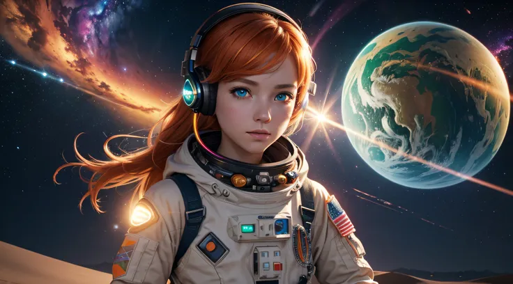 {{masterpiece}}, best quality, extremely detailed CG unity 8k wallpaper, anime style, cinematic lighting, lens flare, dust, colorful light, particles, heterochromia, (colorful:1.5) cinematic desert road full of sand, beautiful astronaut girl on the outside...