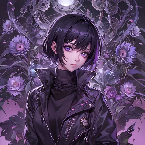 One Girl Looking at the Beholder, pokerface, potrait, Wearing a black jacket with a purple nenet in it, Perfect eyes, Purple eyes, Pretty Face, Short hair, purple and black hair, Perfect face, Pretty, Cool anime, Anime Art, Highly detailed