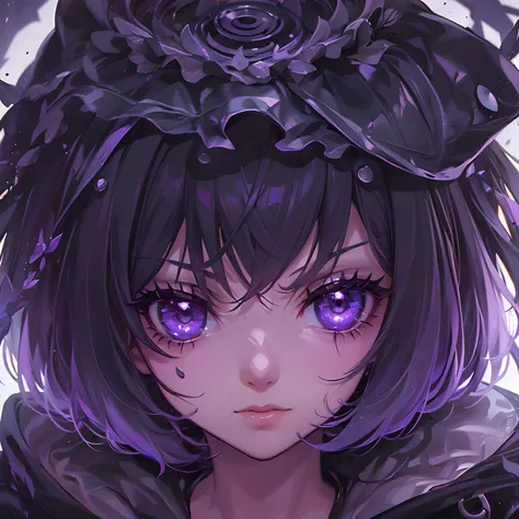 One Girl Looking at the Beholder, pokerface, potrait, Wearing a black jacket with a purple nenet in it, Perfect eyes, Purple eyes, Pretty Face, Short hair, purple and black hair, Perfect face, Pretty, Cool anime, Anime Art, Highly detailed