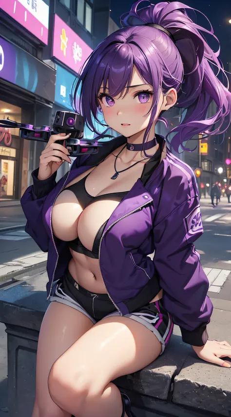 top-quality、Top image quality、​masterpiece、girl with((18year old、Best Bust、big bast,Beautiful purple eyes、Breasts wide open, Purple ponytail、A slender、Large valleys、Purple Sports Bra、Black jacket,Purple shorts,Red high heels、Reflecting the whole body、Purpl...