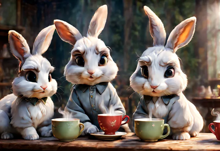 some rabbits sitting around a table drinking very hot and steaming tea