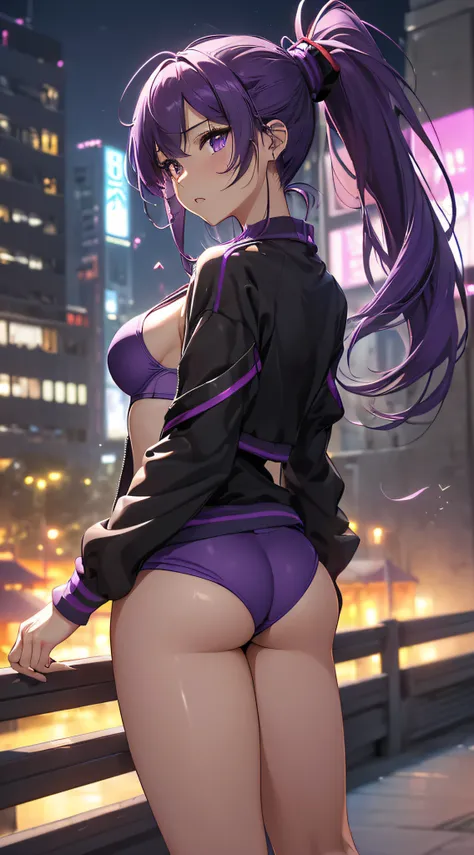 top-quality、Top image quality、​masterpiece、girl with((18year old、Best Bust、big bast,Beautiful purple eyes、Breasts wide open, Purple ponytail、A slender、Large valleys、Purple Sports Bra、Black jacket,Purple shorts,Red high heels、Reflecting the whole body、Purpl...