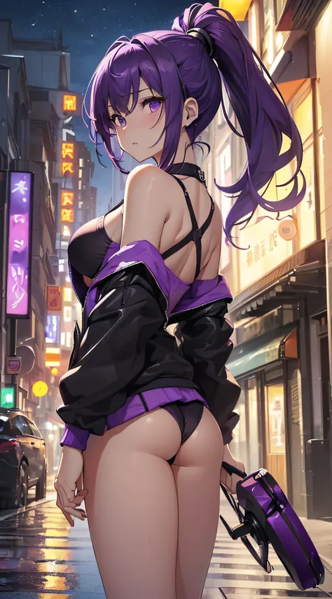 top-quality、Top image quality、​masterpiece、girl with((18year old、Best Bust、big bast,Beautiful purple eyes、Breasts wide open, Purple ponytail、A slender、Large valleys、Purple Sports Bra、Black jacket,Purple shorts,Red high heels、Reflecting the whole body、Purpl...