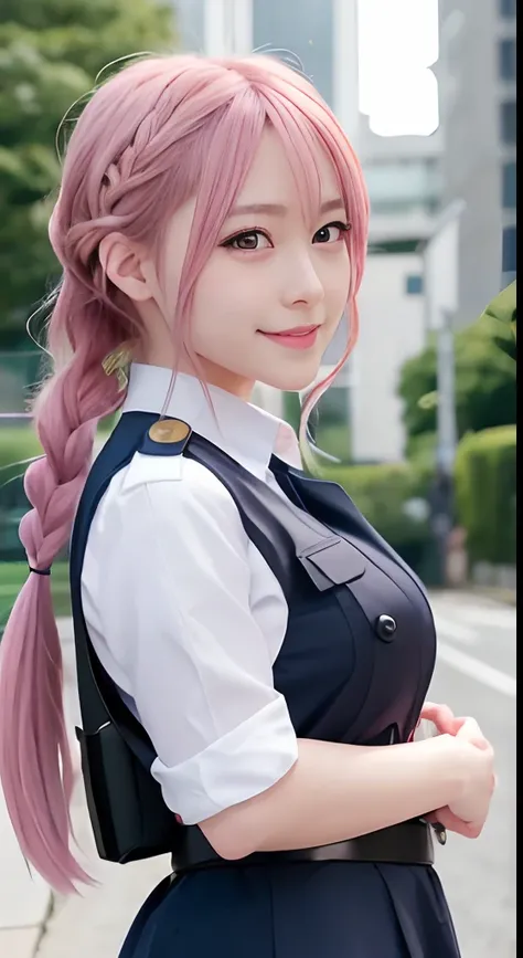 high-level image quality、Anime girl with long hair and police uniform posing for photo、Shibuya、up close shot、(A smile:1.5)、sayori, Anime visuals of cute girls, anime moe art style, loli in dress, Anime girl in police uniform, pretty anime girl, (Anime Girl...