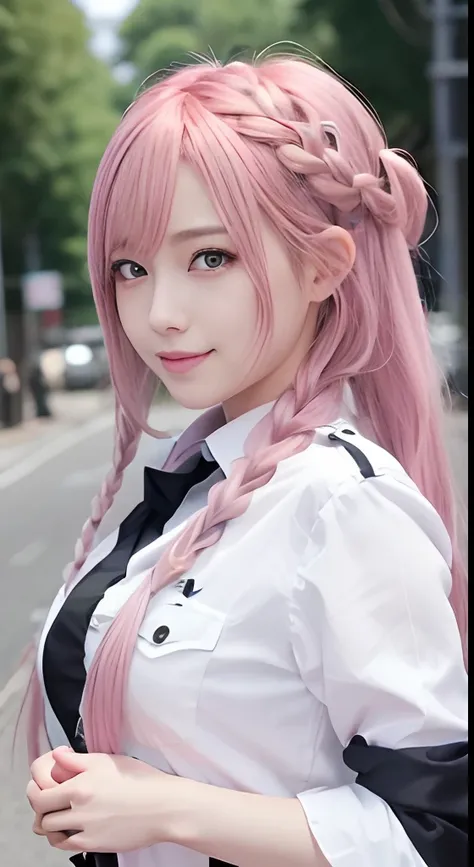 high-level image quality、Anime girl with long hair and police uniform posing for photo、Shibuya、up close shot、(A smile:1.5)、sayori, Anime visuals of cute girls, anime moe art style, loli in dress, Anime girl in police uniform, pretty anime girl, (Anime Girl...