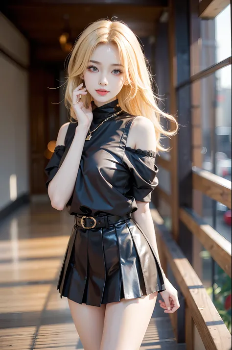 ((knee shot)), Shot from a random perspective, 22-year-old Japanese model, slim, Slimming the waist, curlies, JK school uniform, black shirt, cropped shoulders, White pleated skirt, high-waist, Nice belt, golden hair, warm lights, Warm tones Slender legs, ...