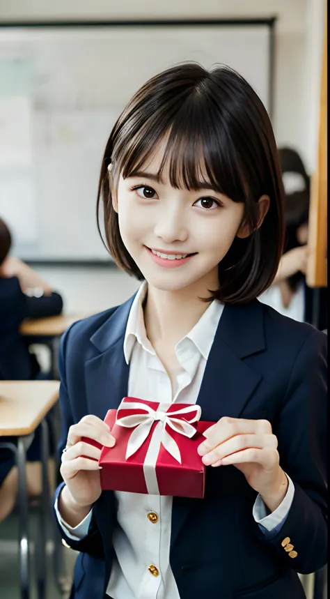 (Close up portrait of slender small breasts girl and short hair with dull bangs in winter blazer school uniform :1.5)、(Girl hold a gift on her hands with shy smile in the class room:1.5)、(Blurry background,:1.5)、(Perfect Anatomy:1.3)、(complete hands:1.3)、(...