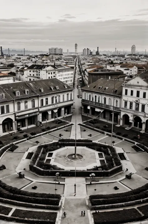 Place more 1990s-era buildings in the background of the image (Continua em preto e branco)