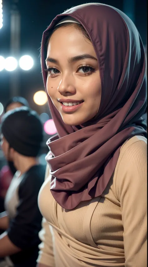 Portrait photography of a beautiful young malay girl in hijab wearing cotton underwear watching a concert, nighttime, concert background, crowded concert, bright lighting, smile and happy gesture, high quality, ultra detail, 8k, style raw, pastel color gra...