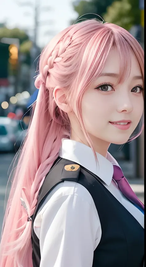 high-level image quality、Anime girl with long hair and police uniform posing for photo、Shibuya、up close shot、(A smile:1.5)、sayori, Anime visuals of cute girls, anime moe art style, loli in dress, Anime girl in police uniform, pretty anime girl, (Anime Girl...