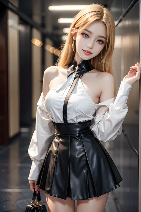 ((knee shot)), Korean school uniform，White color blouse, cropped shoulders, black short skirt, Bright blonde hair，In the hallway, standing on your feet, leaning against the railing, Cross ed leg, posing elegantly, Look into the distance, 8K original photos...