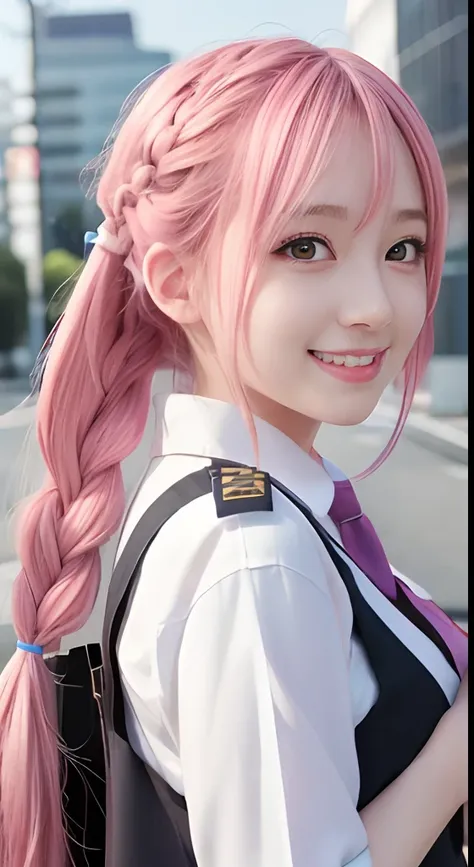 high-level image quality、Anime girl with long hair and police uniform posing for photo、Shibuya、up close shot、(A smile:1.5)、sayori, Anime visuals of cute girls, anime moe art style, loli in dress, Anime girl in police uniform, pretty anime girl, (Anime Girl...