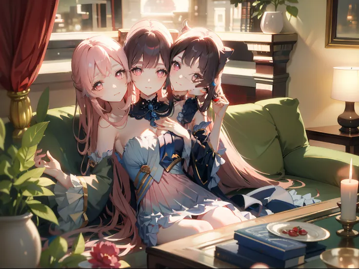 (masterpiece, best quality), best resolution, (3heads:1.5), 1girl, kokomi character, very long body-length hair, pink eyes, eyes partially open, long dress, lying on a couch, relaxing, living room, apartment overlooking a fantasy underwater city, sunset