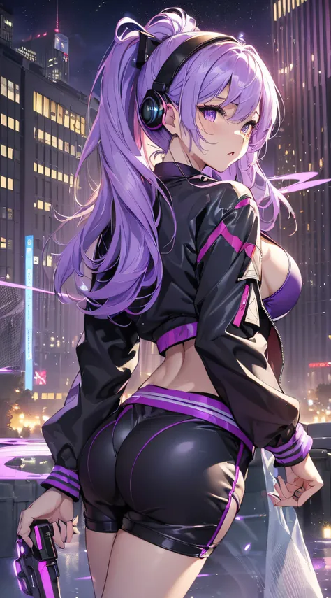 top-quality、Top image quality、​masterpiece、girl with((18year old、Best Bust、big bast,Beautiful purple eyes、Breasts wide open, Purple ponytail、A slender、Large valleys、Purple Sports Bra、Black jacket,Purple shorts,Red high heels、Reflecting the whole body、Purpl...