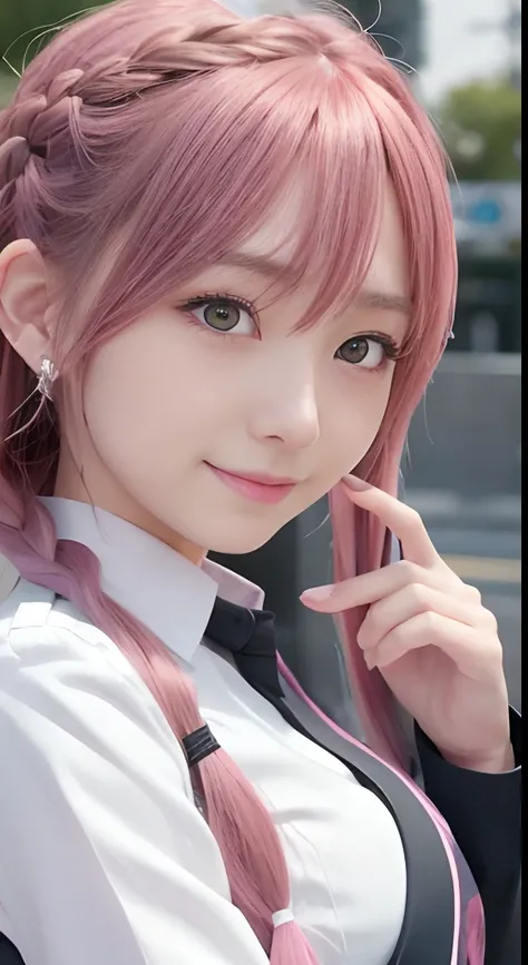 high-level image quality、Anime girl with long hair and police uniform posing for photo、Shibuya、up close shot、(A smile:1.5)、sayori, Anime visuals of cute girls, anime moe art style, loli in dress, Anime girl in police uniform, pretty anime girl, (Anime Girl...