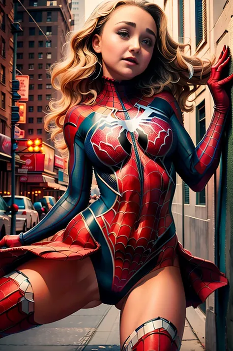 Hayden Panettiere、Sticking out the navel、newyork、She wears a torn Spider-Man suit,wearing skirt、 Red and black color scheme,Dynamic、​masterpiece、top-quality、ultra-detailliert、ighly detailed、beautiful detailed brilliance、超A high resolution